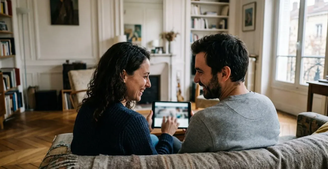 Un couple trentenaire assis sur un canapé regarde ensemble une tablette dans un appartement lumineux avec parquet et moulures