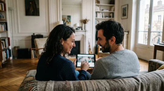Un couple trentenaire assis sur un canapé regarde ensemble une tablette dans un appartement lumineux avec parquet et moulures