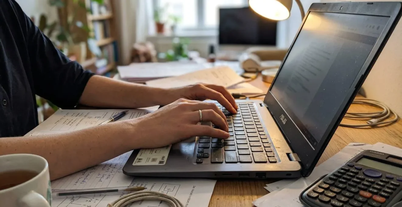 Des mains tapent sur un clavier de laptop avec des documents papier et une calculatrice posés à côté sur un bureau légèrement en désordre