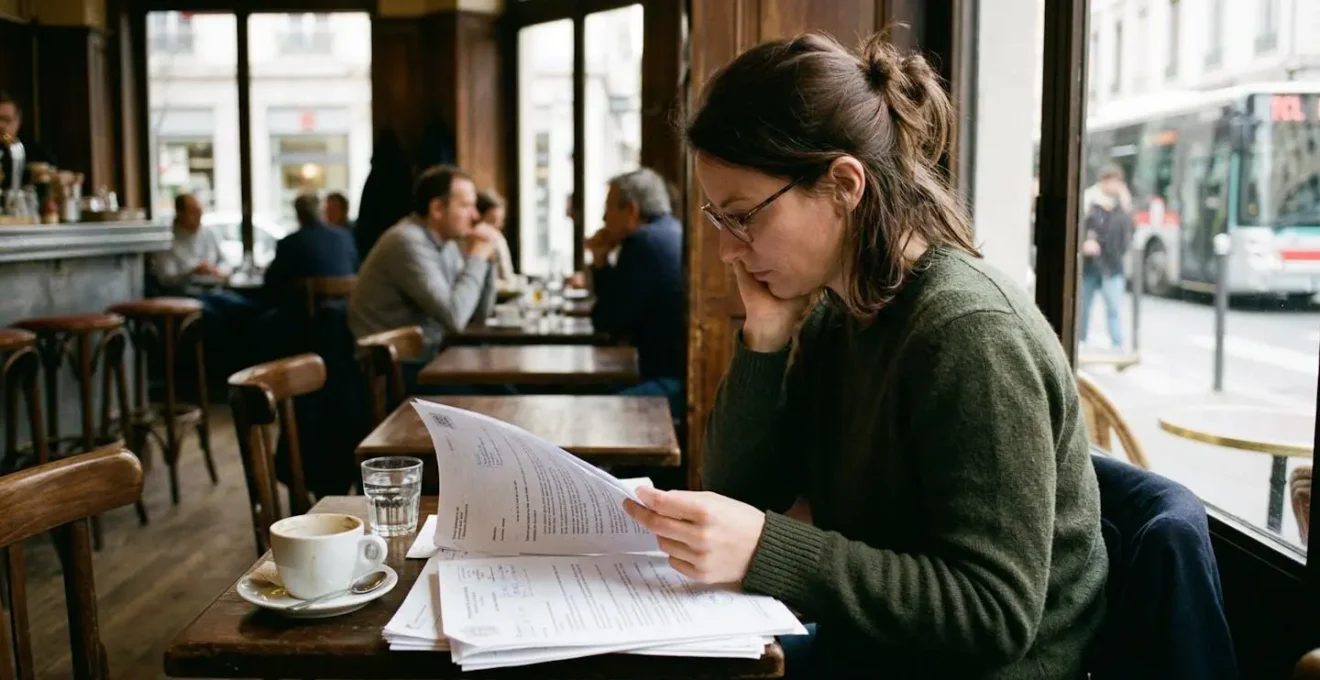 Une personne de profil consulte des documents administratifs dans un café avec une ambiance chaleureuse et une lumière naturelle
